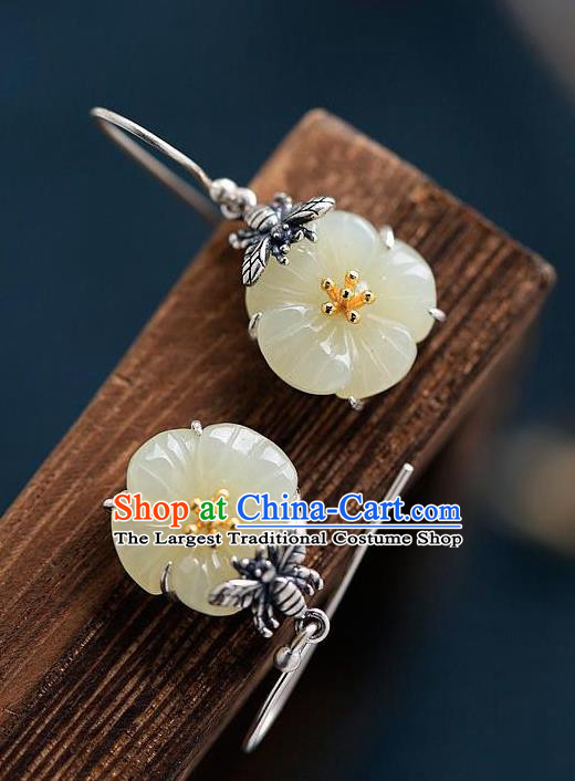 China Traditional Silver Bee Ear Jewelry Accessories National Cheongsam Jade Plum Earrings