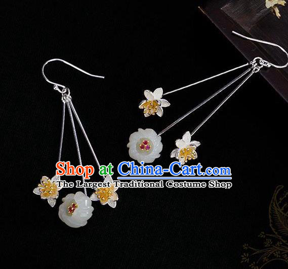 China Traditional Silver Lotus Ear Jewelry Accessories National Cheongsam Jade Plum Earrings