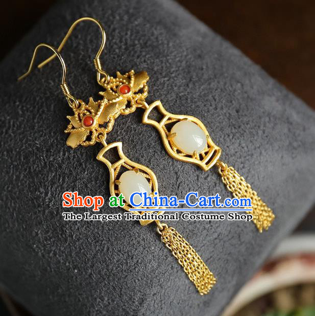 China Traditional Golden Lotus Tassel Ear Jewelry Accessories Classical Cheongsam Jade Vase Earrings