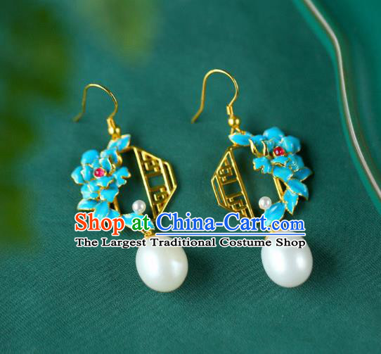 China Traditional Pearl Ear Jewelry Accessories Classical Cheongsam Blueing Peony Earrings