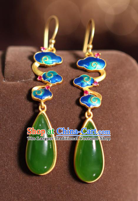 China Traditional Green Jade Ear Jewelry Accessories Classical Cheongsam Enamel Cloud Earrings