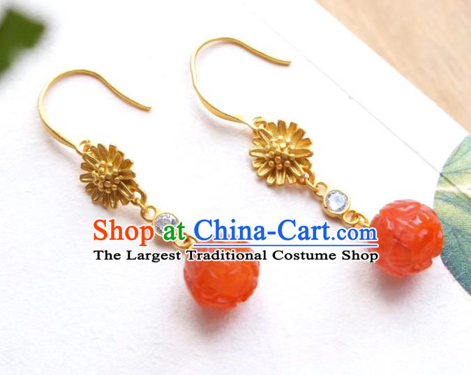 China Traditional Golden Chrysanthemum Ear Jewelry Accessories Classical Cheongsam Agate Bead Earrings