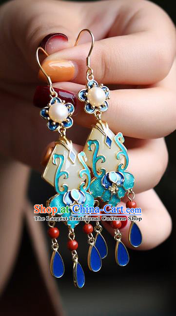 China Traditional Jade Pearl Ear Jewelry Accessories Classical Cheongsam Cloisonne Tassel Earrings