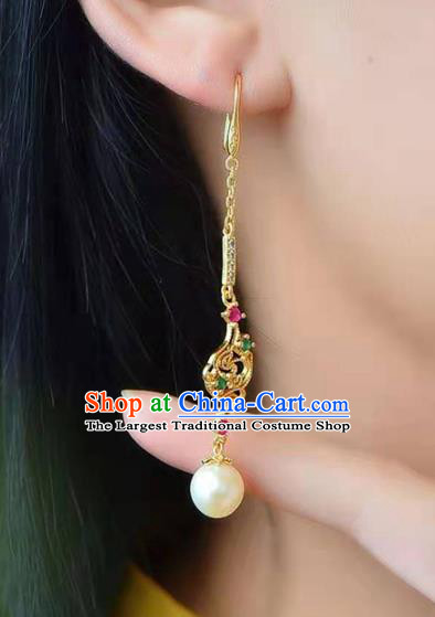 Handmade China Pearl Tassel Ear National Jewelry Accessories Traditional Cheongsam Golden Earrings