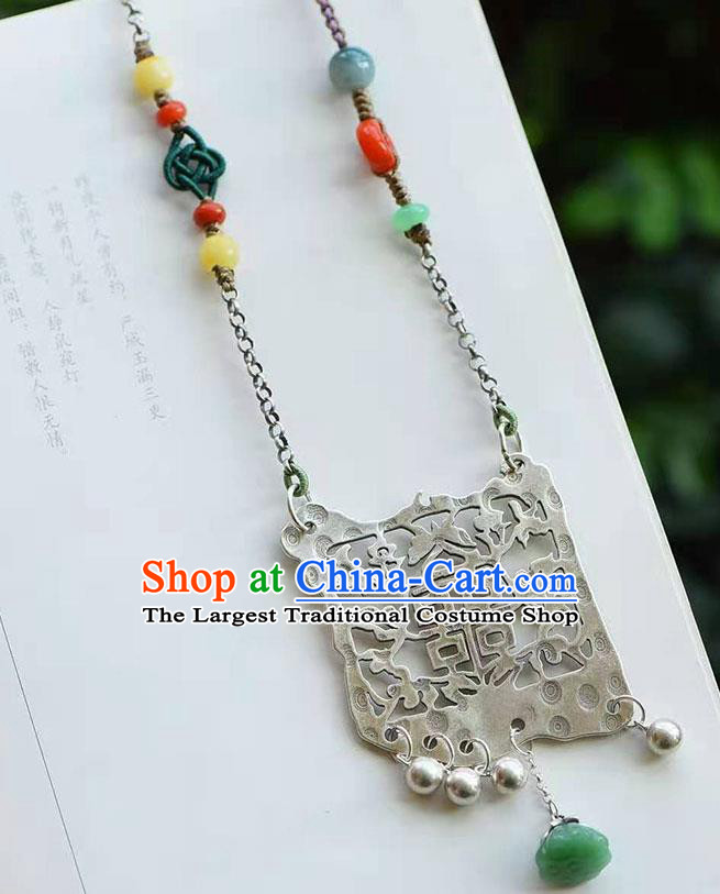 Chinese Classical Wedding Silver Carving Necklace National Handmade Jade Lotus Seedpod Jewelry Accessories Pendant