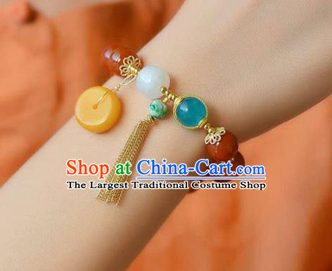 China Handmade Beeswax Peace Buckle Bracelet Traditional Jewelry Accessories National Agate Beads Bangle