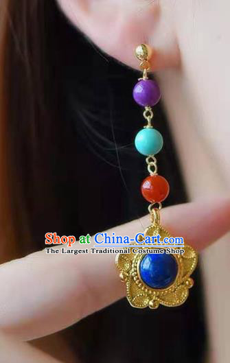 Handmade China Golden Ear National Jewelry Accessories Traditional Cheongsam Lapis Earrings