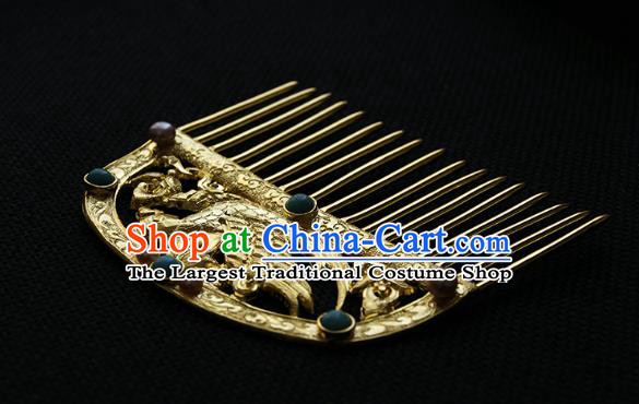 China Tang Dynasty Empress Gems Hairpin Handmade Hair Accessories Traditional Golden Phoenix Hair Comb