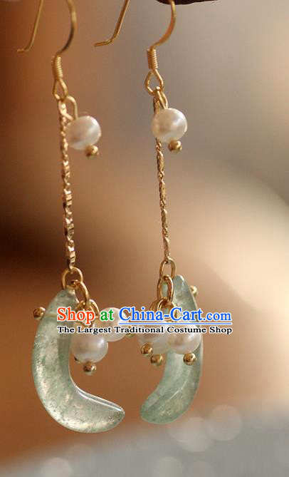 China Traditional Pearls Ear Jewelry Accessories Handmade Cheongsam Jade Moon Earrings