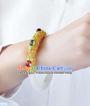 China Handmade Golden Gems Bracelet Traditional Jewelry Accessories National White Jade Bangle