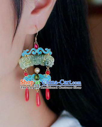 Handmade China Qing Dynasty Palace Ear Jewelry Accessories Traditional Cheongsam Blueing Jade Earrings