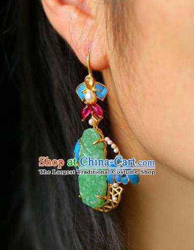 Handmade China Qing Dynasty Jade Ear Jewelry Accessories Traditional Cheongsam Pearls Earrings