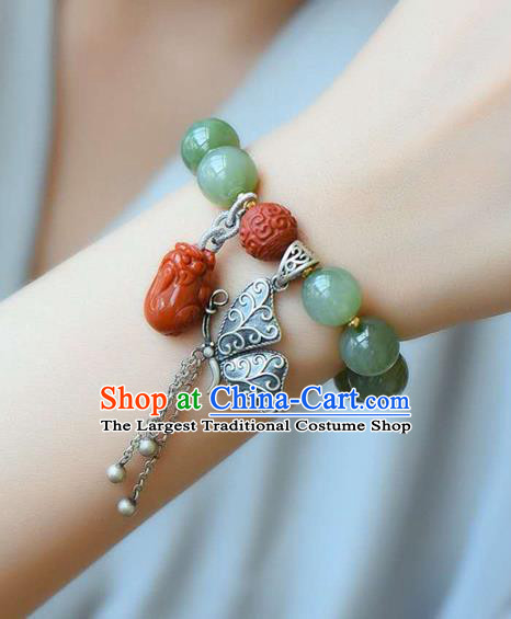 China Handmade Jade Beads Bracelet Traditional Jewelry Accessories National Silver Butterfly Tassel Bangle