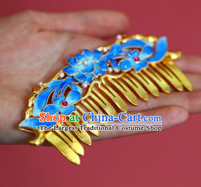 Chinese Traditional Cloisonne Lotus Hairpin Handmade Ancient Qing Dynasty Court Pearls Hair Comb