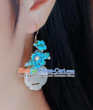 Handmade China Wedding Pearls Eardrop Accessories Jade Jewelry Traditional Cheongsam Blue Peony Earrings