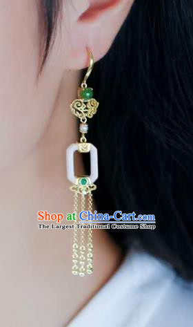 Handmade China Cheongsam Golden Tassel Earrings Traditional National Jewelry Jade Eardrop Accessories