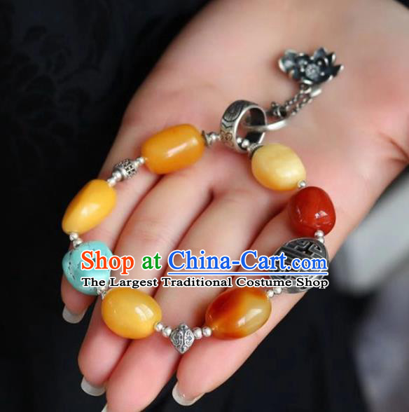 China Handmade Retro Silver Tassel Bracelet Traditional Jewelry Accessories National Beeswax Beads Bangle