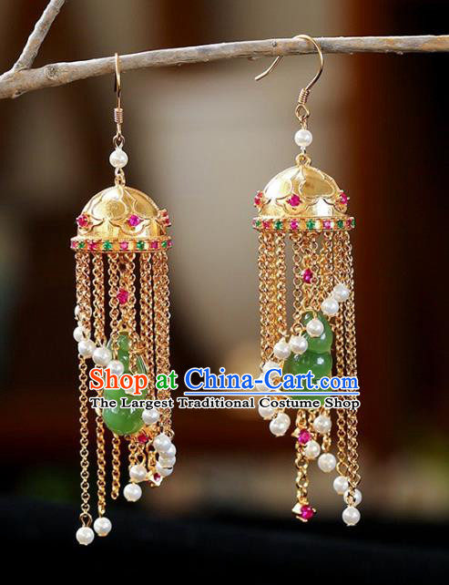 Handmade China Cheongsam Golden Tassel Eardrop Traditional Tourmaline Jewelry Accessories National Jade Peasecod Earrings