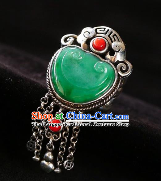 Chinese National Jadeite Carving Cloud Ring Jewelry Traditional Handmade Silver Tassel Circlet Accessories