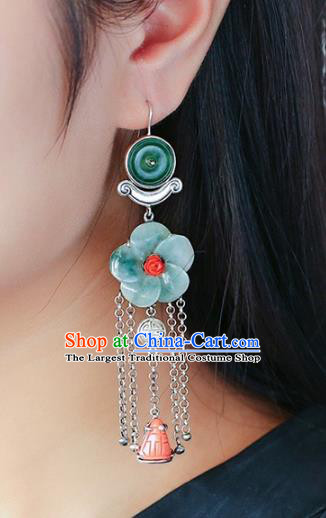 Handmade China National Silver Tassel Earrings Traditional Jewelry Accessories Cheongsam Jade Plum Eardrop