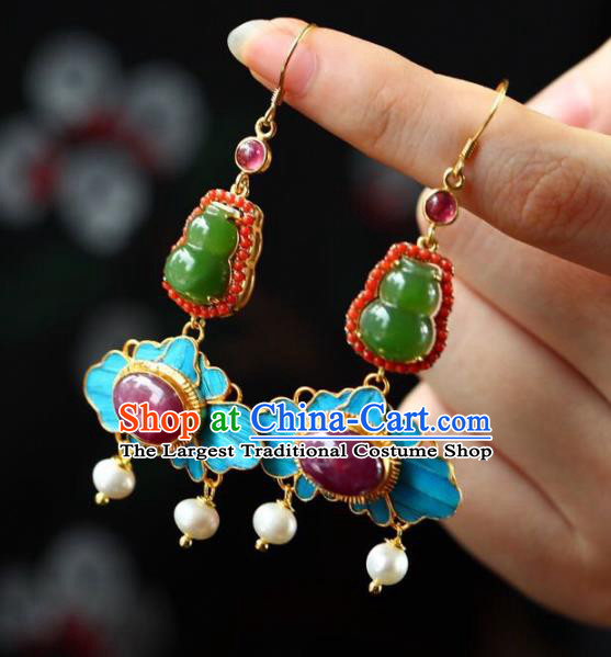 Handmade China Qing Dynasty Ruby Eardrop Jewelry Traditional Cheongsam Accessories National Jade Gourd Earrings