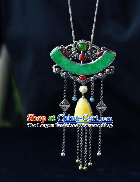 Chinese Classical Beeswax Necklet Pendant Handmade Jade Accessories National Silver Tassel Necklace