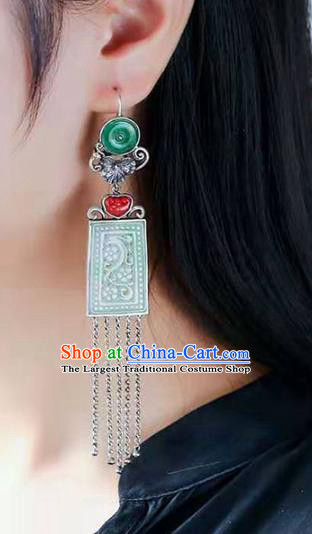 Handmade China Cheongsam Carving Dragon Eardrop National Jade Earrings Traditional Silver Tassel Jewelry Accessories