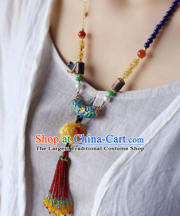 Chinese Classical Cloisonne Necklet Pendant Handmade Beeswax Accessories National Garnet Beads Tassel Necklace