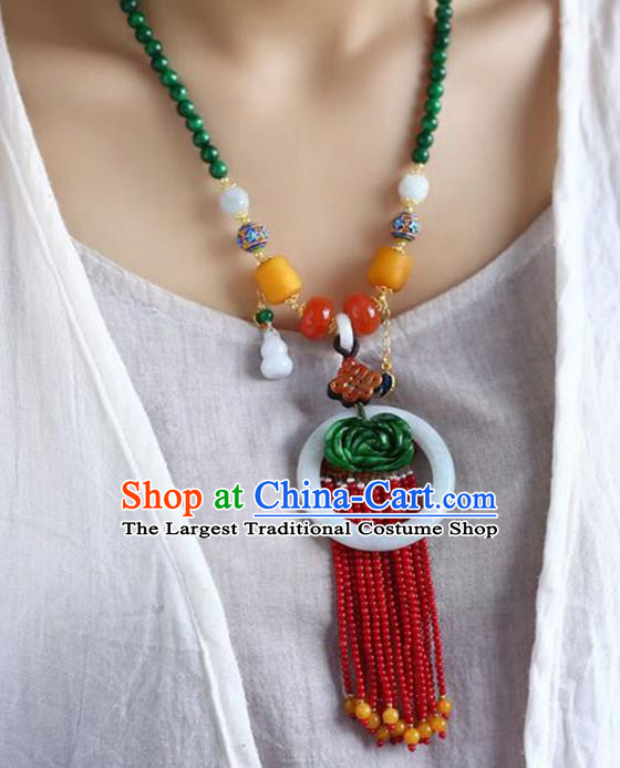 Chinese Classical Garnet Beads Tassel Necklet Pendant Handmade Jadeite Accessories National Necklace