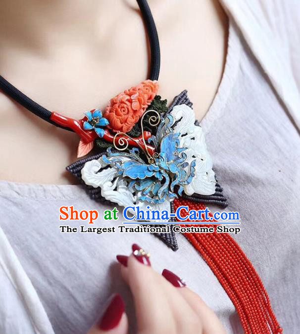 Chinese Classical Jade Butterfly Tassel Necklet Pendant Handmade National Necklace Accessories