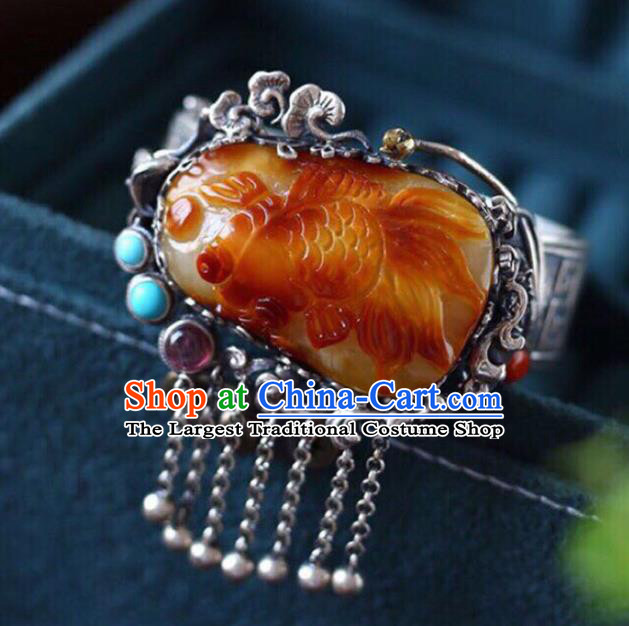 China Handmade Beeswax Carving Goldfish Bracelet Traditional Jewelry Accessories National Silver Tassel Bangle