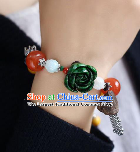 China Handmade Silver Bracelet Traditional Beeswax Jewelry Accessories National Jadeite Carving Rose Bangle