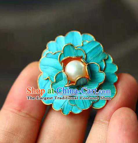 Chinese Handmade Qing Dynasty Pearl Ring Accessories Traditional Ancient Palace Lady Blue Peony Circlet