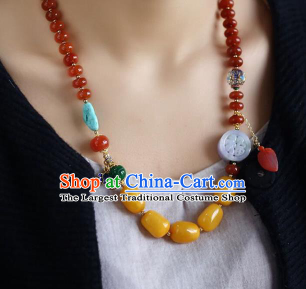 Chinese Handmade Agate Beads Necklet National Classical Necklace Beeswax Accessories