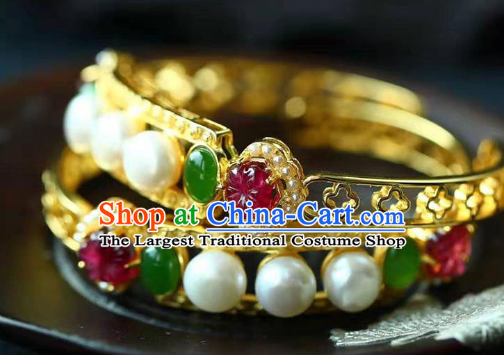 China National Golden Bangle Traditional Qing Dynasty Court Jewelry Accessories Handmade Gems Bracelet