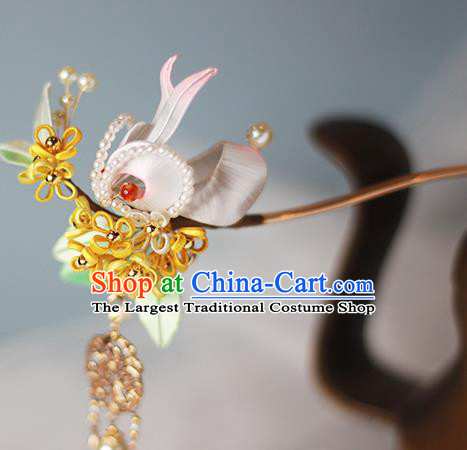 Chinese Traditional Ming Dynasty Hair Accessories Ancient Princess Tassel Hair Stick Silk Osmanthus Rabbit Hairpin