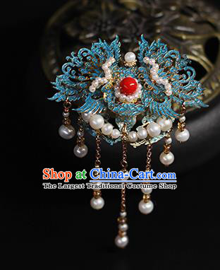 Chinese Traditional Ancient Empress Hair Accessories Ming Dynasty Queen Blueing Phoenix Tassel Hairpin