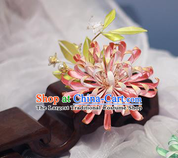 Chinese Traditional Qing Dynasty Pink Silk Chrysanthemum Hairpin Ancient Court Lady Hair Comb