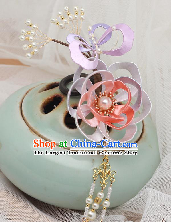 Chinese Ancient Princess Silk Butterfly Flower Hairpin Hair Accessories Traditional Hanfu Tassel Hair Stick