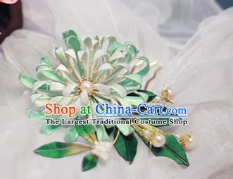 Chinese Traditional Ancient Court Lady Hair Comb Qing Dynasty Green Silk Chrysanthemum Hairpin