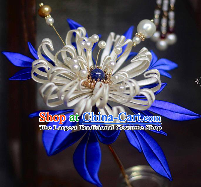 Chinese Traditional White Silk Chrysanthemum Hair Stick Hanfu Hair Accessories Handmade Classical Pearls Hairpin