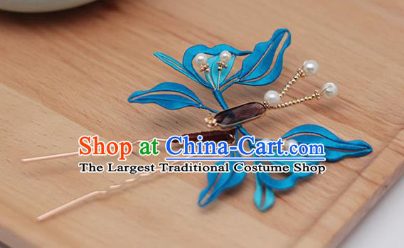 Chinese Handmade Classical Hairpin Traditional Blue Silk Butterfly Hair Stick Hair Accessories