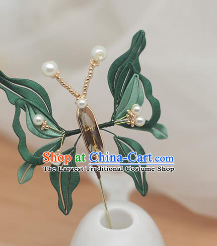 Chinese Handmade Hair Accessories Classical Hairpin Traditional Green Silk Butterfly Hair Stick