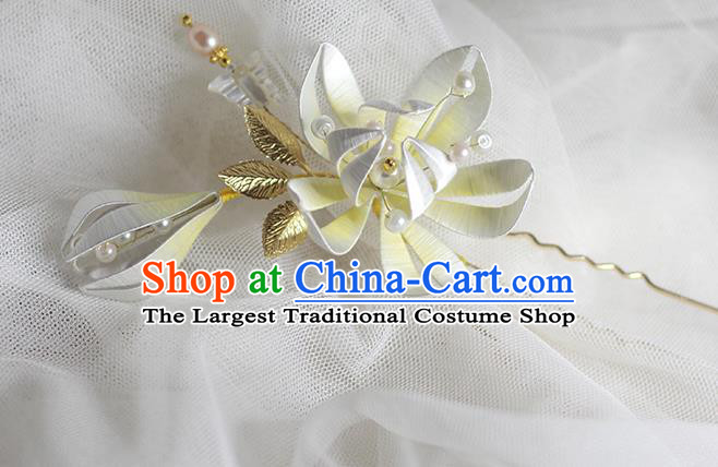 Chinese Handmade Beige Silk Flower Hair Stick Traditional Hanfu Hairpin Classical Hair Accessories