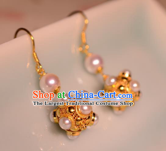 Chinese Ancient Court Princess Golden Ear Jewelry Traditional Tang Dynasty Pearls Earrings Accessories