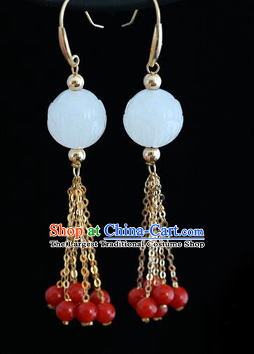 Handmade Chinese Hetian Jade Eardrop Classical Cheongsam Earrings Accessories Traditional Red Beads Tassel Ear Jewelry