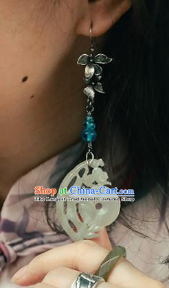 Handmade Chinese Traditional Ear Jewelry Classical Cheongsam Silver Orchid Earrings Accessories Jade Eardrop