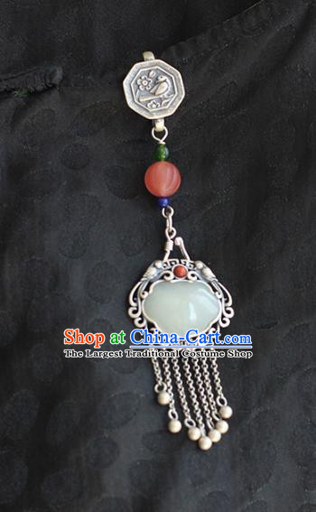 Chinese Handmade National Tassel Breastpin Pendant Cheongsam Silver Jewelry Accessories Classical Jade Lock Brooch