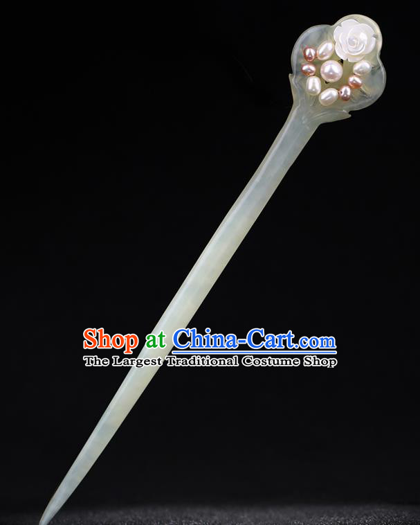 China National Pearls Shell Rose Hairpin Handmade Hair Jewelry Accessories Traditional Cheongsam Jade Hair Clip