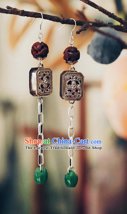 Handmade Chinese Jade Bucket Eardrop Classical Cheongsam Earrings Accessories Traditional Silver Carving Ear Jewelry